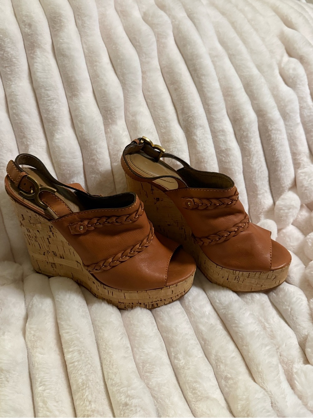Chloe Brown Leather Cork Wedge Sandals with Braided Straps